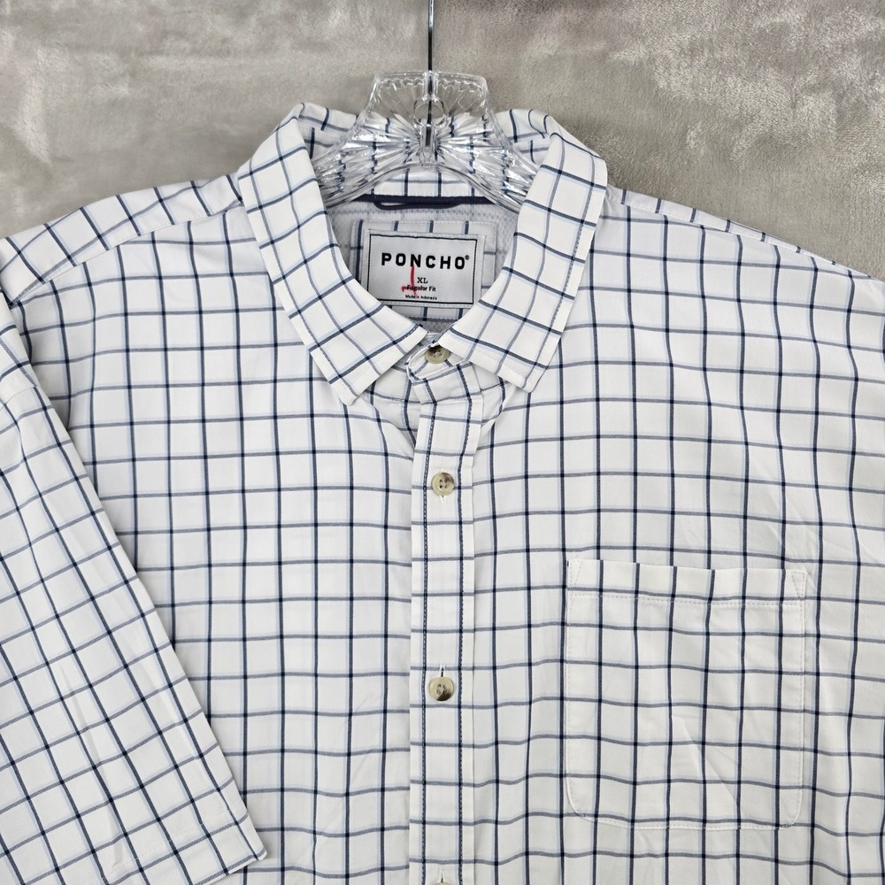 Poncho Ultra-lite Fishing Shirt Mens XL White Blue Grid Short Sleeve Button Down